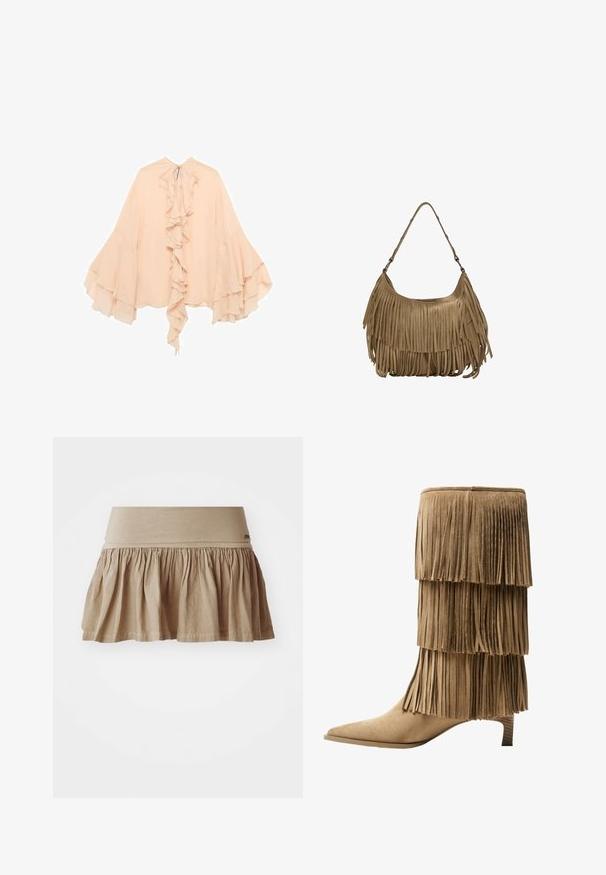 Blúzka z broskyňového šifónu s riaseným predným dielom, rozšírenými rukávmi a viazaním na krku. Mäkkučký materiál a splývavý strih.; Bežová bavlnená sukňa s nariaseným spodným okrajom, so širokým elastickým pásom. Ľahký materiál s jemnou textúrou a neformálnym dizajnom.; Krajkové členkové topánky z hnedej semišovej kože s tromi vrstvami franje. Špicatá špička a nízky blokový podpätok. Hladká štruktúra po celej ploche.; Hnedá zamková kabelka s dlhými strapcami, zakriveným tvarom a jedným ramenným popruhom. Má hladký, textúrovaný povrch.
