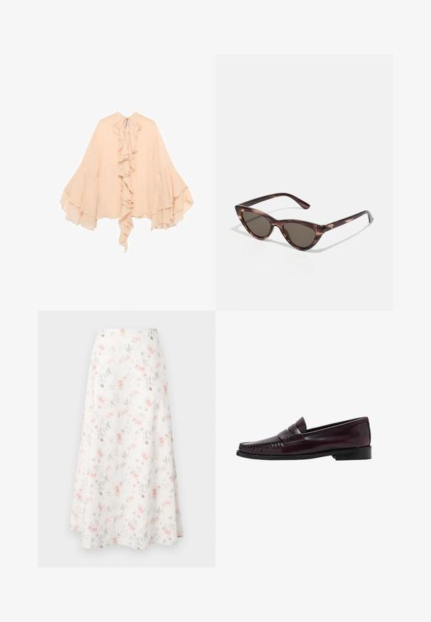 Bluza od šifona breskvaste boje s nabranim prednjim dijelom, rastegnutim rukavima i vezanjem oko vrata. Mekana tekstura i lepršavi silueta.; Cvećasta midi suknja u bijelom materijalu, s akvarel uzorkom ružičastih i sivih cvjetova, lepršavog dizajna i glatke teksture.; Muške tamnosmeđe kožne mokasine s crnom potplatom i detaljima šivanja uz prste, prikazane u bočnom profilu.; Naočale u obliku mačkinih očiju s tamnim lećama i uzorkom kornjače. Izrađene od lagane plastike, s tankim drškama i detaljem s logotipom.; Torba od tkanine u maslinastoj zelenoj boji, prostranog, zaobljenog oblika s jednim dugim drškom za nošenje. Teksturalna površina.