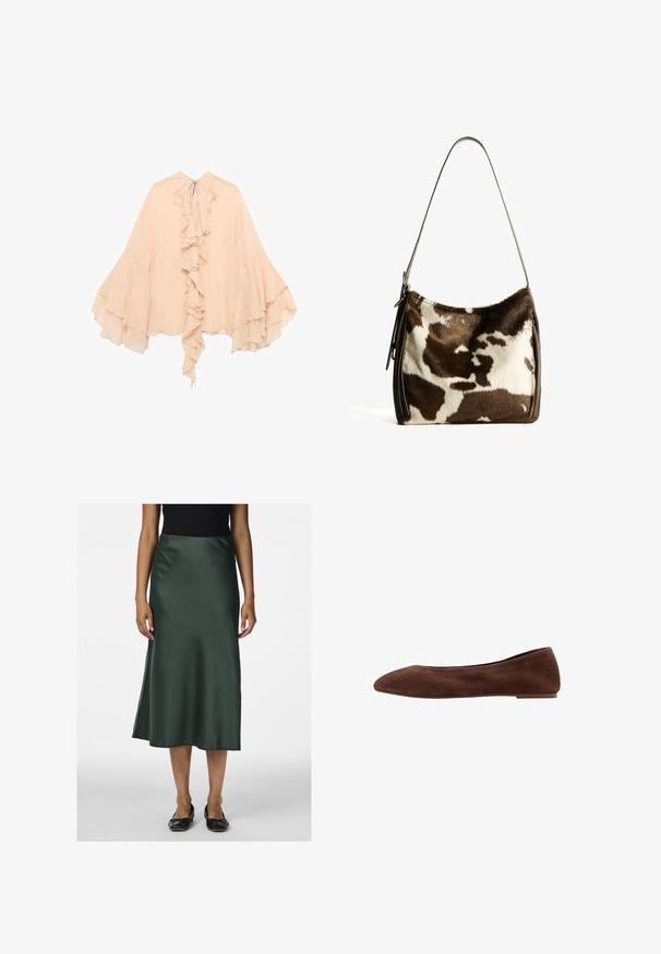 Breskveno obarvana šifon bluzica z nabrano sprednjim delom, razširjenimi rokavi in zavezovanjem okoli vratu. Mehak material in padajoča silhueta.; Satin zelena midi krila z gladko teksturo, rahlo razširjenim robom in stranskim razporkom, kombinirana z črnimi ravnimi čevlji.; Rjavi semiš baletni copati s koničastim nosom, ravnim podplatom in gladko teksturo. Eleganten dizajn brez vidnih dodatkov ali okraskov.; Rjav in krem torba iz kravjega usnja s gladkim usnjenim trakom, z zadrgo in mehko, strukturo površino, ki prikazuje naravni vzorec.