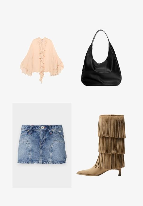 Breskveno obarvana šifon bluzica z nabrano sprednjim delom, razširjenimi rokavi in zavezovanjem okoli vratu. Mehak material in padajoča silhueta.; Jeans mini krilo v svetlo modri barvi. Ima sprednje žepke, gumb na zapiranju in zanke za pas. Gladka tekstura z sproščenim dizajnom.; Čizme s frinžom do gležnja iz svetlosmeđeg nubuka s tremi slojevitimi frinžami. Špičast sprednji del in nizek blok peto. Gladka tekstura po vsej površini.; Črna usnjena hobo torba s spuščenim dizajnom, širokim naramnicam in gladko teksturo. Ima enojno zadrgo na strani.