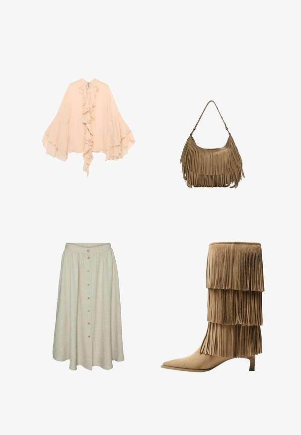 Blusa in chiffon color pesco con fronte arricciato, maniche svasate e chiusura a cravatta al collo. Texture morbida e silhouette fluida.; Gonna beige al ginocchio realizzata in tessuto testurizzato con chiusura frontale a bottoni, vita elastica e un design fluido.; Stivale alla caviglia in suede color ocra con tre strati di frange. Punta affusolata e tacco basso a blocco. Texture liscia su tutta la superficie.; Borsa a tracolla in suede marrone con lunghi dettagli in frange, forma curva e una singola tracolla. Presenta una superficie liscia e testurizzata.