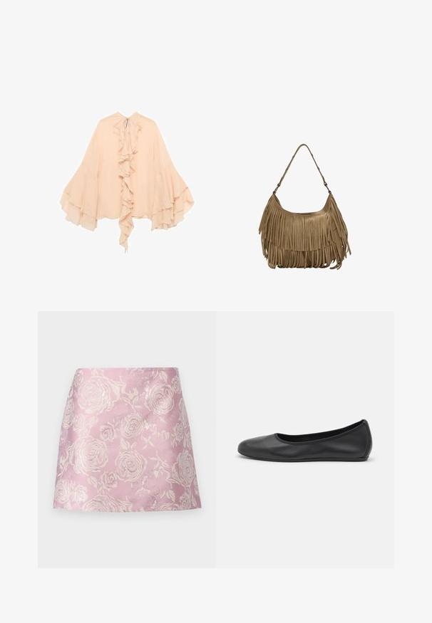 Blusa in chiffon color pesco con fronte arricciato, maniche svasate e chiusura a cravatta al collo. Texture morbida e silhouette fluida.; iBlues CAIRO - Minigonna - rosa; Pantofole da balletto nere in pelle con punta arrotondata, texture liscia, dettagli di cucitura minimi e design con suola flessibile.; Borsa a tracolla in suede marrone con lunghi dettagli in frange, forma curva e una singola tracolla. Presenta una superficie liscia e testurizzata.