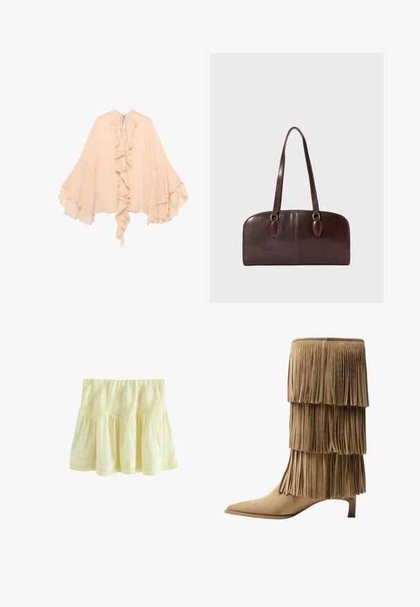 Blouse en chiffon de couleur pêche avec un devant froncé, des manches évasées et une fermeture à nouer au cou. Texture douce et silhouette fluide.; Jupe jaune à étages en tissu léger. Elle présente une texture froncée et une couture décorative le long de la taille et de l'ourlet.; Bottine à franges en daim tan avec trois couches de franges. Bout pointu et petit talon carré. Texture lisse sur l'ensemble.; Sac à main en cuir marron avec deux longues anses, de forme rectangulaire structurée, texture lisse et bords arrondis. Présente des détails accentués au niveau des poignées.