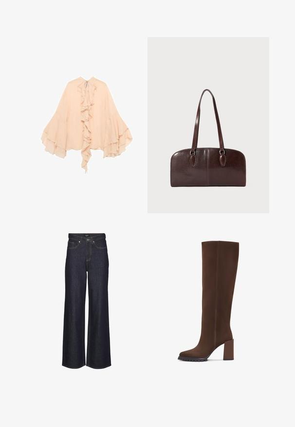 Bluzka z przezroczystego szyfonu w kolorze brzoskwiniowym z falbaniastym przodem, szerokimi rękawami i zapięciem na kokardę przy szyi. Miękka faktura i zwiewny fason.; Jeansy o wysokim stanie i szerokich nogawkach w ciemnym denimbie. Posiadają klasyczne przeszycia, pięć kieszeni oraz zapięcie na guzik z przodu.; Brązowe botki do kolan wykonane z miękkiego materiału, z kwadratowym noskiem, słupkowym obcasem i teksturowaną gumową podeszwą. Czyste linie bez ozdób.; Brązowa skórzana torebka z dwoma długimi uchwytami, o strukturalnym prostokątnym kształcie, gładkiej fakturze i zaokrąglonych krawędziach. Posiada akcentowane detale przy uchwytach.