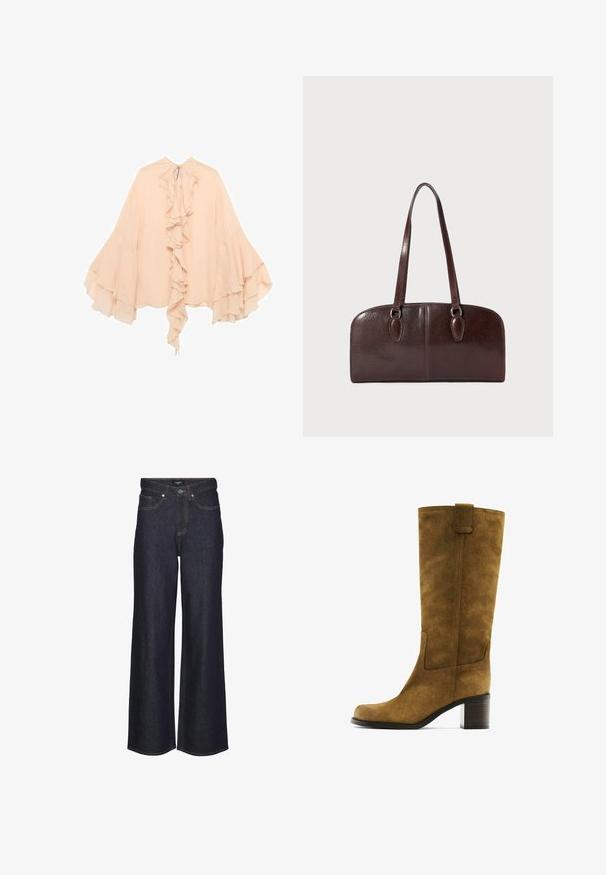 Blouse en chiffon de couleur pêche avec un devant froncé, des manches évasées et une fermeture à nouer au cou. Texture douce et silhouette fluide.; Jeans taille haute à jambes larges en denim foncé. Dotés de coutures classiques, de cinq poches et d'une fermeture à bouton à l'avant.; Botte en cuir suédine marron, hauteur genou, avec un bout carré et un talon bloc. Présente un panneau latéral et une languette en haut pour un enfilage facile.; Sac à main en cuir marron avec deux longues anses, de forme rectangulaire structurée, texture lisse et bords arrondis. Présente des détails accentués au niveau des poignées.