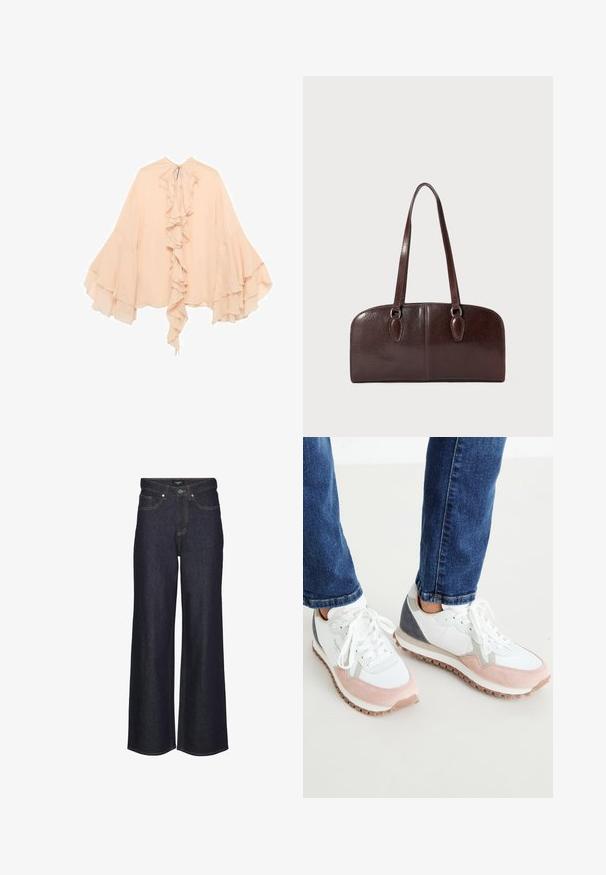Blusa in chiffon color pesco con fronte arricciato, maniche svasate e chiusura a cravatta al collo. Texture morbida e silhouette fluida.; Jeans a vita alta e gamba larga in denim scuro. Presentano cuciture classiche, cinque tasche e una chiusura con bottone sul davanti.; Sneaker bianche e rosa chiaro con accenti grigi, caratterizzate da una tomaia in suede e mesh, suola in gomma e lacci rotondi.; Borsa in pelle marrone con due manici lunghi, forma rettangolare strutturata, superficie liscia e angoli arrotondati. Presenta dettagli di accentuazione sui manici.