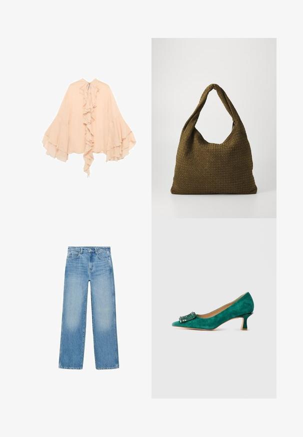 Broskvově zbarvená šifonová blůza s volány vpředu, rozšířenými rukávy a zavazováním u krku. Měkká textura a splývavý silueta.; Světlomodré džíny z denimu se střihovým střihem, pěti kapsami a jemným vyblednutím. Obsahují zapínání na knoflík a zip v pase.; Zelené semišové lodičky na nízkém podpatku s špičatou špičkou a dekoračním klenotem na přední straně, zobrazené v profilovém pohledu na bílém pozadí.; Tkaná kabelka v olivové zelené barvě s prostorným, kulatým tvarem a jedním dlouhým uchem pro nošení. Texturovaný povrch.