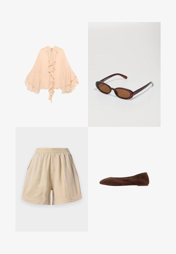 ferskenfarvet chiffonbluse med flæser foran, udvidede ærmer og snøre lukning ved halsen. Blød tekstur og svajende silhuet.; Beige elastiske shorts med sidelommer og synlige sømlinjer, lavet af letvægtsstof.; Brune suede balletflade med spids tå, flad sål og glat tekstur. Strømlinet design uden synlig hardware eller accenter.; Runde, bruntonede solbriller med en glansfuld bordeauxramme. Slanke arme med diskret brandingdetalje. Flad linsedesign.; Brun og creme farvet koe læder skuldertaske med en glat læderrem, lynlås lukning og en blød, tekstureret overflade med et naturligt mønster.