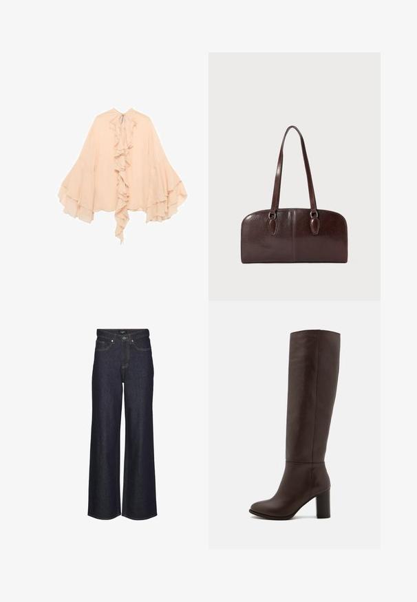 Broskvově zbarvená šifonová blůza s volány vpředu, rozšířenými rukávy a zavazováním u krku. Měkká textura a splývavý silueta.; Džíny s vysokým pasem a širokými nohavicemi ve tmavém denimovém provedení. Obsahují klasické švy, pět kapes a zapínání na knoflík v přední části.; Hnědá kožená vysoká bota po kolena s blokovým podpatkem, hladkým povrchem, zaoblenou špičkou a minimálními švy.; Hnědá kožená kabelka s dvěma dlouhými uchy, strukturovaným obdélníkovým tvarem, hladkou texturou a zaoblenými hranami. Obsahuje dekorativní detaily na uších.