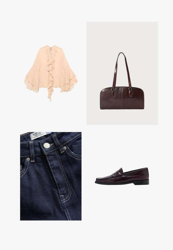 Blusa de gasa de color melocotón con volantes en la parte frontal, mangas acampanadas y un lazo en el cuello. Textura suave y silueta fluida.; Next WIDE - Pernera ancha - rinse; Mocasines de hombre de cuero marrón oscuro con suela negra y detalles de costura en la puntera, mostrados en perfil lateral.; Bolso de piel marrón con dos asas largas, forma rectangular estructurada, textura suave y bordes redondeados. Presenta detalles de acentuación en las asas.