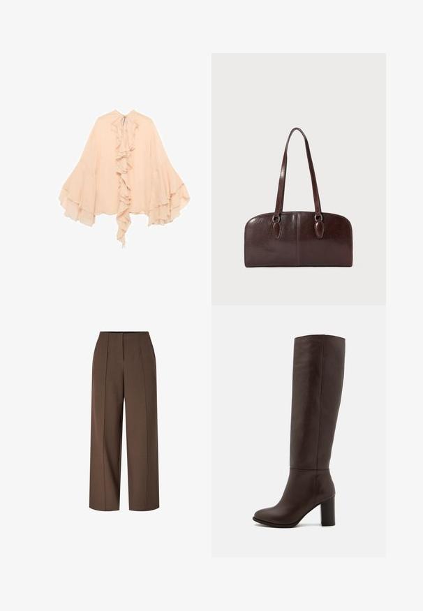 Bluza od šifona breskvaste boje s nabranim prednjim dijelom, rastegnutim rukavima i vezanjem oko vrata. Mekana tekstura i lepršavi silueta.; Smeđe hlače visokog struka s širokim nogavicama, s prednjim pregibnim linijama i skrivenim prednjim zatvaranjem na munje.; Smeđe kožne čizme do koljena s blok petom, glatkom teksturom, zaobljenim vrhom i minimalnim detaljima šivanja.; Smeđa kožna torba s dvije duge ručke, strukturiranog pravokutnog oblika, glatke teksture i zaobljenih rubova. Sadrži ukrasne detalje na ručkama.