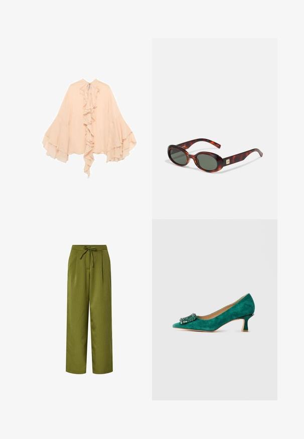 Bluza od šifona breskvaste boje s nabranim prednjim dijelom, rastegnutim rukavima i vezanjem oko vrata. Mekana tekstura i lepršavi silueta.; Maslinasto zelene hlače širokih nogavica s vertikalnim prugama, vezicom u struku i prednjim nabora; glatka tekstura i sužene manžete na gležnjevima.; Zelena nubuk cipela s malim potpeticama i šiljastim nosom, ukrašena s boucleom s draguljima sprijeda, prikazana u profilu s bočne strane na bijeloj pozadini.; Naočale od kornjače s tamnim lećama, ovalnog oblika, i širokim krakovima. Imaju mali zlatni naglasak sa strane. Glatki plastični materijal.; Torba od tkanine u maslinastoj zelenoj boji, prostranog, zaobljenog oblika s jednim dugim drškom za nošenje. Teksturalna površina.