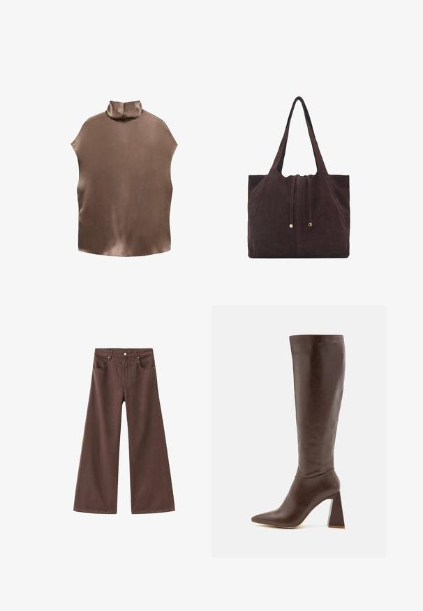Ærmeløs brun satin top med en høj, rund krave og en glat tekstur, der har en forlænget skæring og en flydende silhuet.; Brune brede jeans lavet af denim. Har fem lommer, lynlås og metalnitter. Glat tekstur og klassisk design.; RAID TENBY - Høje støvler/ Støvler - brown; Mango Shopping bags - dark brown