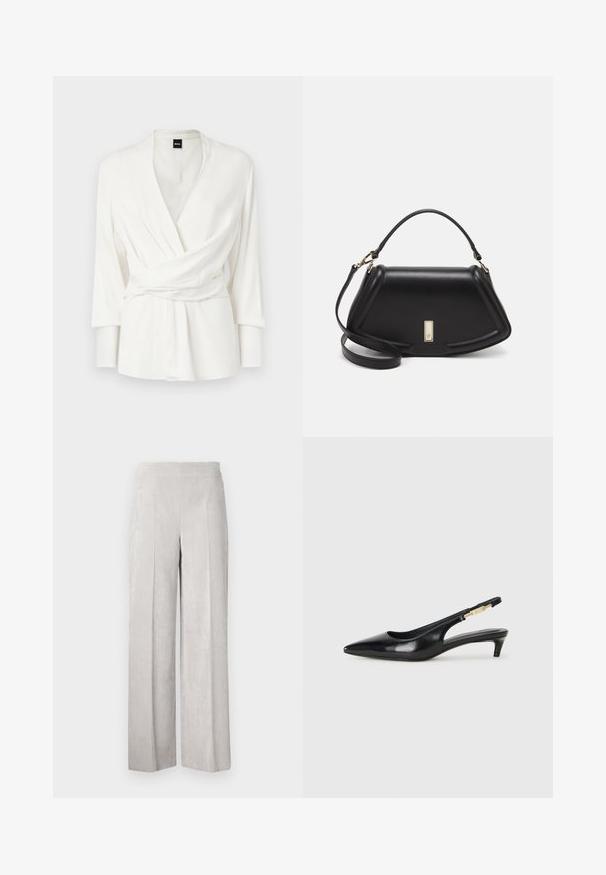 Valge ülikondpluus pikkade varrukatega, V-kaelusega ja vöödetailiga taljes. Valmistatud siledast, voolavast kangast.; Heled hallid kuitnenud püksid laiade jalgadega, millel on sile tekstuur ja vertikaalne ribastus, kõrge vöökoht, mis tagab mugava istuvuse.; Mustad nahast slingback kontsad terava ninaga, millel on õhuke konts ja kuldse tooni aktsent reguleeritaval rihmal. Sile tekstuur.; Must mustrist käekott, millel on struktureeritud disain, lühendatud kuju, ülemine käepide ja kuldne metallist detail. Reguleeritav õlalihm on kaasas.