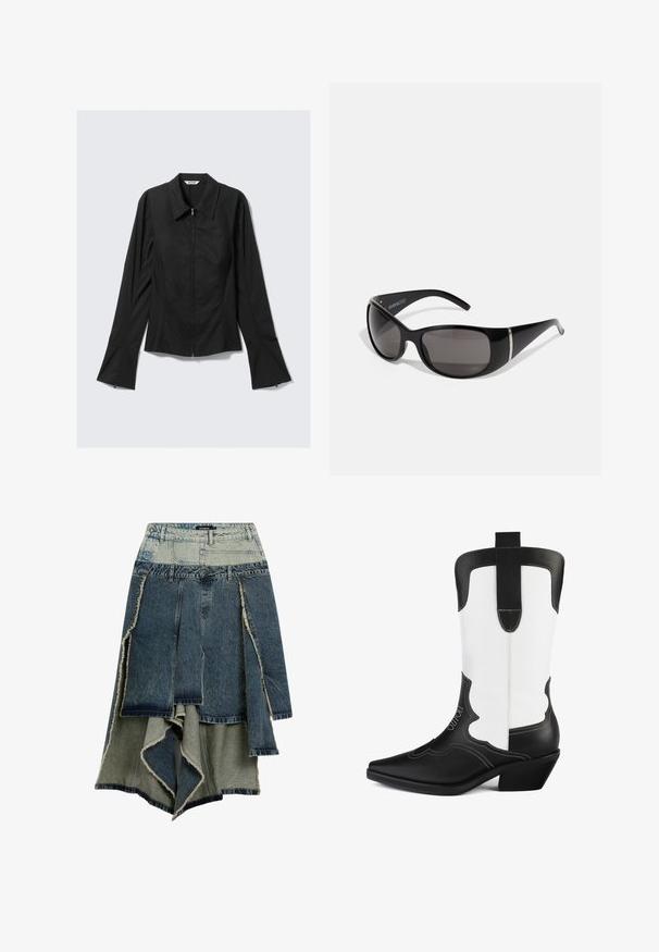 Sort langærmet kvindJakke med frontlynlås, brede manchetter og krave, lagt fladt på en lys grå baggrund.; Jeans nederdel med et patchwork-design i varierende nuancer af blå og grøn, rå kanter, asymmetrisk kant og flere paneler.; Sort og hvid cowboystøvle lavet af syntetisk læder, med spidse tæer, scalloped design og en lav blokhæle. Bemærkelsesværdige stikninger.; Sorte solbriller med blanke plastrammer, gradient grå linser og sølvfarvede accenter på siderne. Slankt, buet design.; Desigual Håndtasker - black