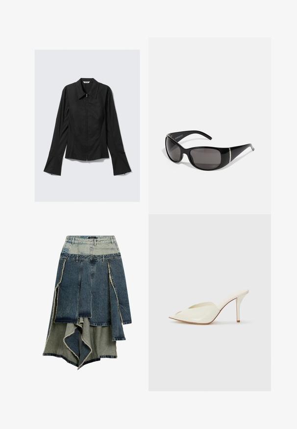 Čierna dámska bunda s dlhým rukávom, so zipsom vpredu, širokými manžetami a golierom, položená na svetlosivom pozadí.; Džínová sukňa s patchworkovým dizajnom v rôznych odtieňoch modrej a zelenej, obhryzené okraje, asymetrický lem a viaceré panely.; Biele lakované sandále s otvorenou špičkou, so špicatým dizajnom, štíhlým vysokým podpätkom a hladkou textúrou; minimalistický štýl s jemnými detailmi prešívania.; Čierne slnečné okuliare s lesklými plastovými rámami, gradientnými šedými šošovkami a striebornými akcentmi na stranách. Eleganatný, zakrivený dizajn.; Desigual Kabelka - black