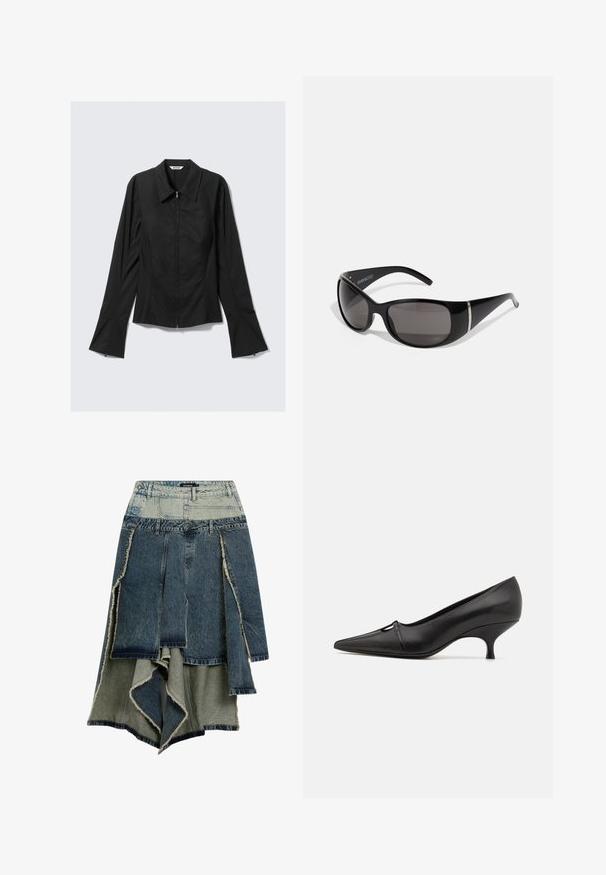 Giacca nera da donna a maniche lunghe con zip frontale, polsini ampi e colletto, posata su uno sfondo grigio chiaro.; Gonna di jeans con un design a patchwork in diverse tonalità di blu e verde, bordi sfilacciati, orlo asimmetrico e multiple pannellature.; GIABORGHINI DANA - Decolleté - black; Occhiali da sole neri con montatura in plastica lucida, lenti grigie sfumate e accenti in tonalità argento ai lati. Design elegante e curvo.; Desigual Borsa a mano - black