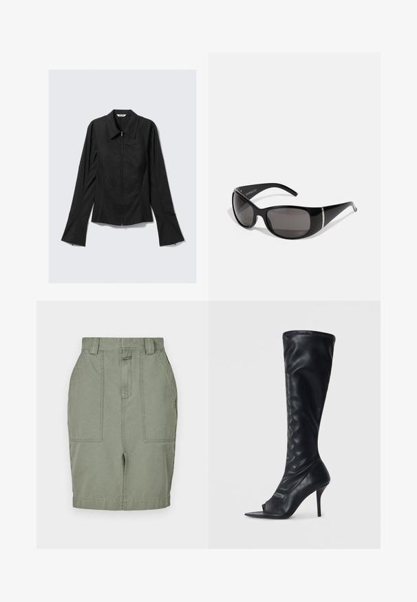 Mustard värvi naiste pikkade varrukatega jope, millel on ees tõmblukk, laiad mansetid ja krae, asetatud helesinisele taustale.; Khaki puuvillane seelik sirge lõikega, kahe esipocketiga, lõppklausliga ja vöökohaga. Sile tekstuur kerge sädelusega.; Must musternahk nahk kummarde kõrgkõrge kontsaga kingad terava avatud varbaga. Tekstureeritud ülemine osa ja sile pind.; Mustad musta värvi prillid läikivate plastraamidega, gradient hallide läätsedega ja hõbedast aksessuaaridega külgedel. Sujuv, kumer disain.