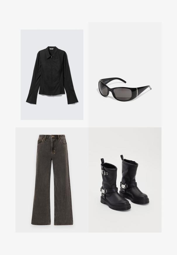 Black long-sleeve women's jacket with front zipper, wide cuffs, and a collar, laid flat on a light gray background.; Wide-leg jeans in dark grey denim. Features a high waist, five pockets, and contrasting gold stitching. Subtle wear gives a textured appearance.; Black leather ankle boots with a sturdy sole, featuring a side buckle strap and decorative hardware. Smooth texture with a pull tab.; Black sunglasses with glossy plastic frames, gradient gray lenses, and silver-tone accents on the sides. Sleek, curved design.