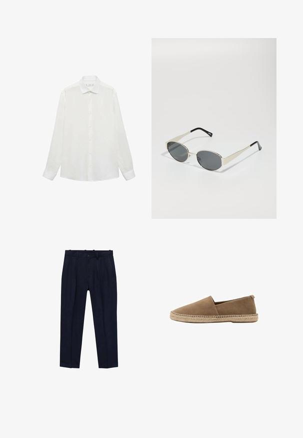 Weißes Hemd mit klassischem Kragen, langen Ärmeln und glatter Textur. Verfügt über ein schlichtes Design mit passenden Knöpfen.; Marineblaue Hose aus glatt gewebtem Stoff, mit einem leicht taillierten Schnitt, Vorderfalten, Gürtelschlaufen und einem Einzelknopfverschluss.; Braune Wildlederschlupfschuhe mit spitzer Zehe, ausgestattet mit einer gewebten Jutesohle und einem kleinen Absatz zur Unterstützung. Glatte Textur und minimalistisches Design.; Sonnenbrille mit ovalen grauen Gläsern, silbernem Metallrahmen und schwarzen Akzenten an den Bügeln. Sie verfügt über ein elegantes Design und minimalen Metallaufwand.