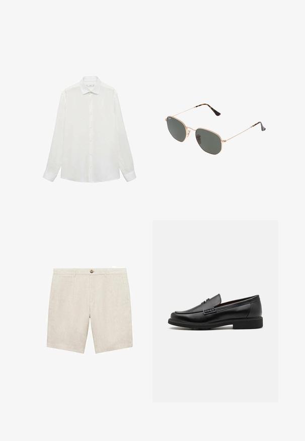 Camicia bianca con colletto classico, maniche lunghe e una texture liscia. Presenta un design semplice con bottoni abbinati.; Pantaloni corti in lino beige chiaro con chiusura a bottone, due tasche laterali e una texture liscia. La lunghezza della gamba è sopra il ginocchio.; Mocassini sintetici neri con una spessa cucitura frontale, soletta imbottita e suola piatta in gomma; design elegante con dettagli minimi.; Occhiali da sole con montatura in metallo dorato e lenti verde scuro, stile aviator, con aste sottili e dettagli in tartaruga sulle punte.