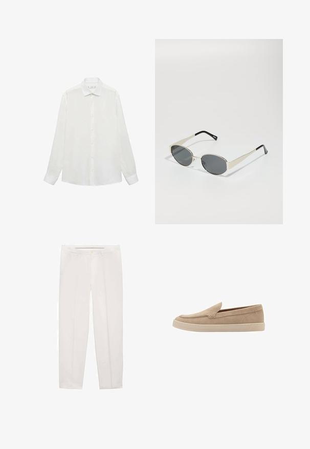 Bijela košulja s dugim rukavima i klasičnim ovratnikom, glatke teksture. Ima jednostavan dizajn s usklađenim dugmadi.; Bijele hlače od glatke tkanine, s ravnim krojem, prednjim džepovima i jednim gumbom na struku.; Bež suknjaste slip-on cipele s zaobljenim vrhom i šivanim detaljima. Svijetla gumena potplata s niskim dizajnom.; Naočale sa ovalnim sivo-zelenim staklima, srebrnim metalnim okvirom i crnim detaljima na sljepoočnicama. Karakterizira ih moderan dizajn i minimalni dodaci.