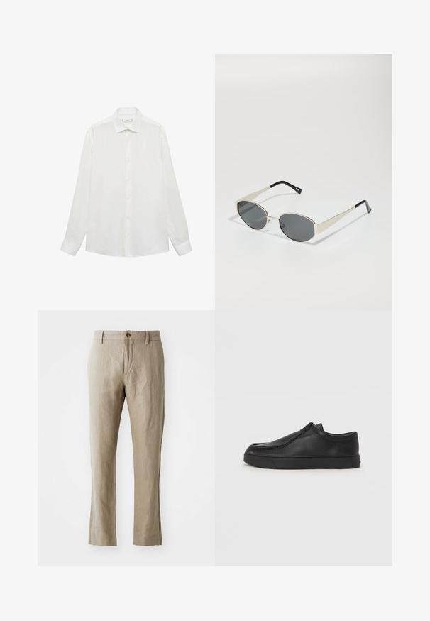 Bela srajca z gumbom in klasičnim ovratnikom, dolge rokave in gladko teksturo. Ima enostaven dizajn z usklajenimi gumbi.; Bež platnen hlače s ravnim krojem, z zapiranjem na gumb spredaj in gladko teksturo. Brez vidnih vzorcev ali dodatkov.; Črne usnjene natikače s zaobljenim prstom, šivanim detajlima in črnim gumijastim podplatom. Gladka tekstura z minimalističnim dizajnom.; Sončna očala z ovalnimi sivo-lenskimi lečami, srebrnim kovinskim okvirjem in črnimi poudarki na tempeljih. Očala se ponašajo z elegantnim dizajnom in minimalnimi dodatki.