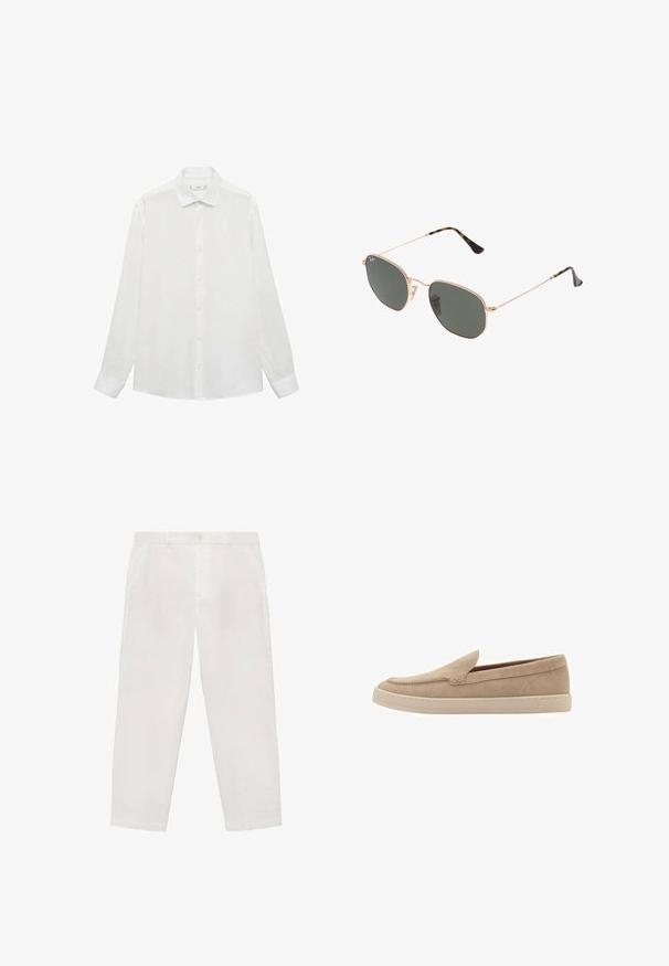 Witte overhemden met een klassieke kraag, lange mouwen en een gladde textuur. Heeft een eenvoudig ontwerp met bijpassende knopen.; Witte katoenen broek met een rechte snit, voorzien van een knoopsluiting, riemlussen en zijzakken. Vloeiende textuur en minimalistisch ontwerp.; Beige nubuck instapper met een ronde neus en gestikte details. Lichtgekleurde rubberen zool met een laag profiel.; Gouden metalen zonnebril met donkergroene lenzen, aviator-stijl, met slanke scharnieren en schildpad-accenten op de uiteinden.