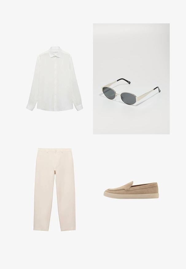 Hvid skjorte med knapper, klassisk krave, lange ærmer og en glat tekstur. Har et ensfarvet design med matchende knapper.; Beige lige bukser lavet af blødt stof, med bæltelopper, lynlåsgylpter og to sidelommer. Rent, minimalistisk design.; Beige ruskinds slip-on sko med en rund tå og syning detaljer. Lysfarvet gummisål med et lavprofileret design.; Solsikker med ovale grå linser, sølvmetalramme og sorte accenter på tempelstængerne. Har et strømlinet design og minimal hardware.