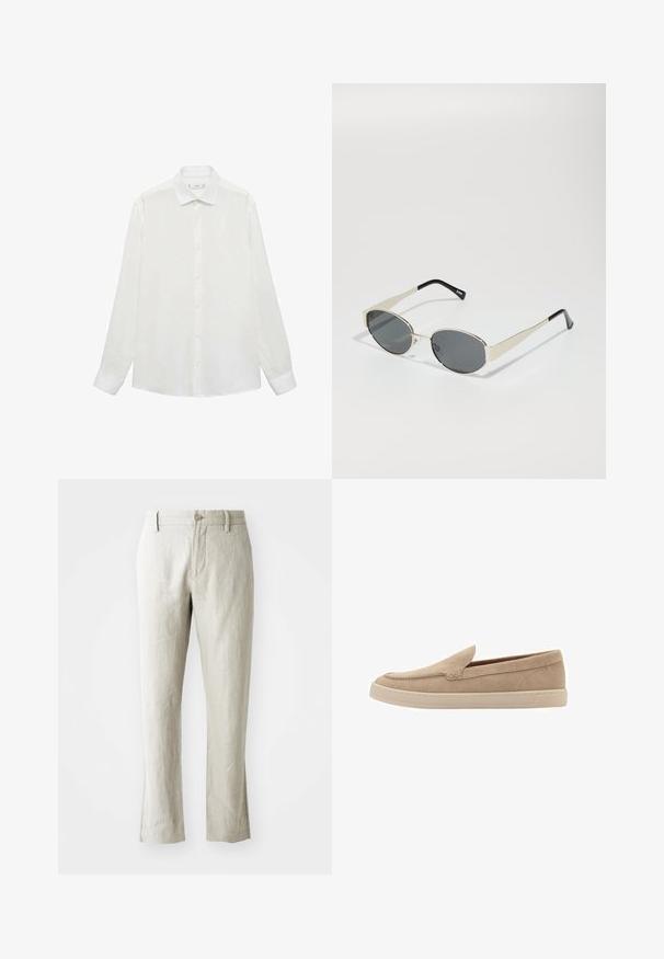 Valkoinen napillinen paita klassisella kauluksella, pitkät hihat ja sileä pintakangas. Yksinkertainen muotoilu, jossa on samansävyiset napit.; Vaaleanbeige pellavahousut suoran leikkauksen, hienovaraisen tekstuurin, etunappikiinnityksen ja kahden sivutaskun kanssa. Muotoiltu siistin siluetin saavuttamiseksi.; Beige mokkasins iho saumoilla ja pyöreällä kärjellä. Vaalean värinen kumipohja, jossa matala malli.; Aurinkolasit, joissa on soikeat harmaat linssit, hopeinen metallirunko ja mustat yksityiskohdat temppeleissä. Ominaisuuksiin kuuluu tyylikäs muotoilu ja minimaalinen varustus.