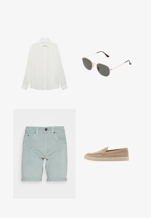 Camicia bianca con colletto classico, maniche lunghe e una texture liscia. Presenta un design semplice con bottoni abbinati.; Pantaloni shorts in denim azzurro chiaro con orlo arrotolato, dotati di tasche frontali e chiusura con un singolo bottone nero in vita. Texture liscia.; Scarpa slip-on in suede beige con punta arrotondata e dettagli cuciti. Suola in gomma chiara con design a profilo basso.; Occhiali da sole con montatura in metallo dorato e lenti verde scuro, stile aviator, con aste sottili e dettagli in tartaruga sulle punte.