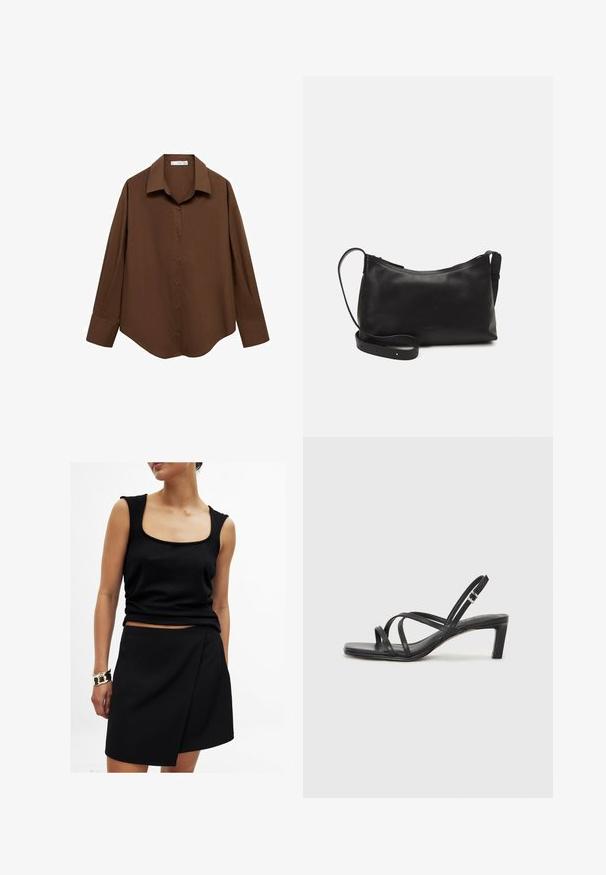 Mango Bluza z gumbi - brown; Črn brezrokavnik s kvadratnim izrezom, v kombinaciji z ujemajočo se črno krilom v preklopu, oba iz gladkega materiala. Zlata zapestnica na zapestju.; Črne natikače s trakovi in kvadratnim prstom ter nizkim blokastim peto. Imajo več tankih trakov in nastavljiv trak okoli gležnja. Narejene so iz gladkega usnja.; Črna usnjena torba čez ramo z gladko teksturo, ukrivljeno obliko, nastavljivim trakom in zadrgo. Minimalističen dizajn brez okrasnih detajlov.