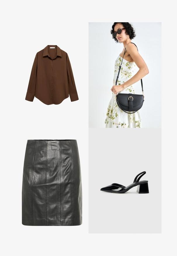 Mango Overhemdblouse - brown; Zwarte leren rok met een getailleerde uitstraling, voorzien van verticale naden voor extra textuur en een gladde afwerking.; Zwarte gepatineerde leren slingback hakken met een spitse neus en een geometrische blokhak. Kenmerkt zich door een slank, minimalistisch ontwerp en een gladde textuur.; Zwarte leren handtas met een gebogen vorm, afneembare schouderband en gouden hardware. De tas heeft een klep met een gespsluiting.