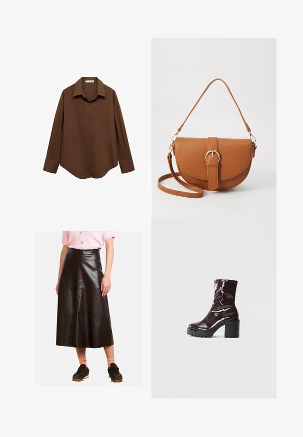 Mango Button-down blouse - brown; Black leather midi skirt with a smooth texture, featuring a high waist and panel detailing. Paired with brown sneakers and pink socks.; Glossy burgundy ankle boot with a chunky black heel, featuring a smooth texture and simple design. No visible fastenings or patterns.; Brown leather crossbody bag with a curved shape, gold hardware, and a buckle accent. Features a detachable shoulder strap.