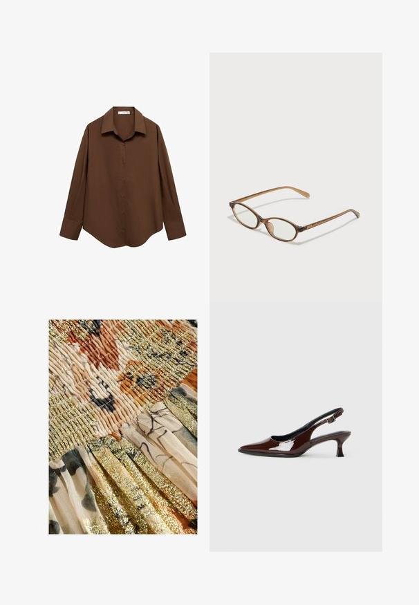 Mango Chemisier - brown; Next REGULAR FIT - DROP WAIST - Jupe longue - cream sparkle; Chaussure slingback en cuir verni marron avec un bout pointu et un talon modéré. Elle est dotée d'une sangle à boucle pour un ajustement sécuritaire. Texture lisse.; Lunettes en écaille de tortue marron avec des verres ovales, des branches fines et des accents transparents. Présente un logo subtil sur la branche. Design élégant et léger.