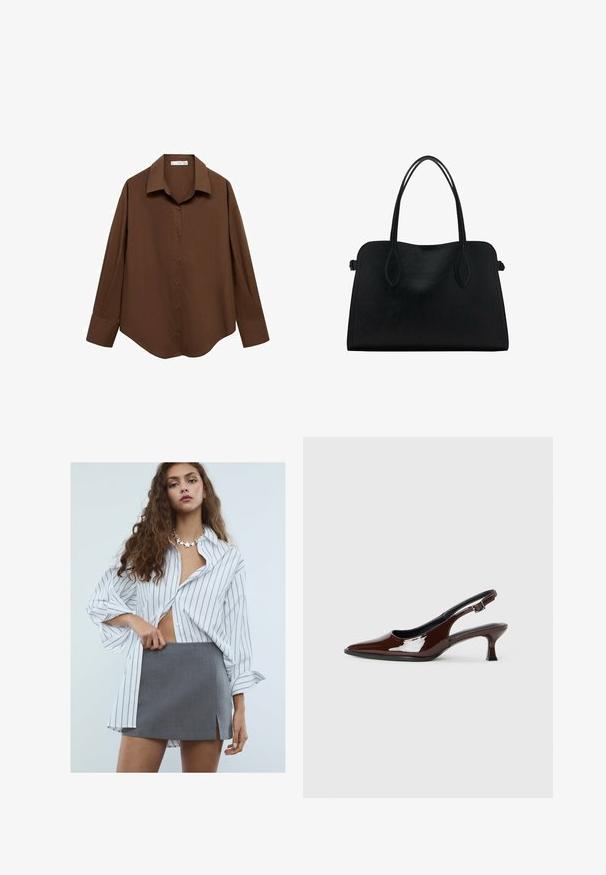 Mango Blúzka so zapínaním na gombíky - brown; Mladá žena s dlhými kučeravými vlasmi, oblečená v bielej oversized košeli s prúžkami, sivej mini sukni s predným rozparkom a náhrdelníkom v tvare hviezdy.; Hnedá lakovaná slingback obuv s špicatou špičkou a mierne vysokým opätkom. Obsahuje pracku pre bezpečné upevnenie. Hladká textúra.; Čierna kožená kabelka s dvojitými popruhmi na rameno, obdĺžnikový tvar a minimalistický dizajn na bielom pozadí.
