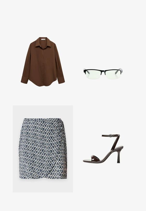 Mango Button-down blouse - brown; Navy and white patterned wrap skirt with geometric shapes, lightweight fabric, fitted waist, and slight drape at the hem.; Brown patent leather high-heeled sandal with an ankle strap, open toe, and a sleek, minimalist design. Features a square heel.; Black rectangular eyeglasses with clear lenses, featuring sleek black frames and gray transparent temple tips. Minimalist design, no visible branding.
