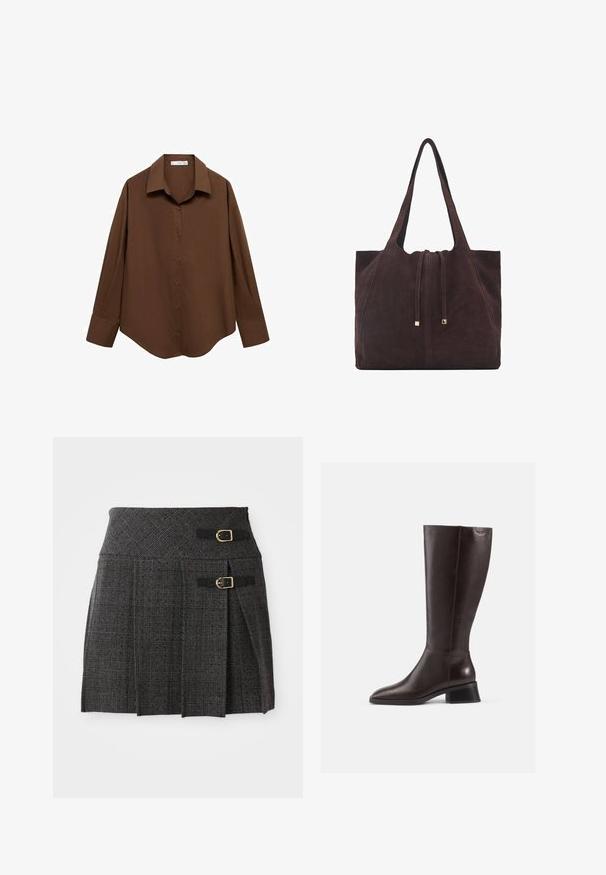 Mango Blus - brown; Grå rutigt kjol med åtsittande midja, med dubbla spänne accenter och plisseringar. Tillverkad av textil med en vävd design.; Knähöga bruna läderstövlar med en slät finish, rund tå och en staplad svart klack. Enkel design med minimala hårdvarudetaljer.; Mango Shoppingväska - dark brown