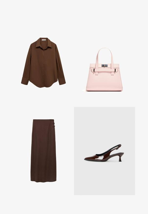 Mango Bluza z gumbi - brown; Rjava, dolga krila iz mehkega materiala. Ima tri dekorativne stranske gumbe blizu pasu. Preprost, neokrasen dizajn.; Rjavi lakirani slingback čevelj z ostro konico in zmerno peto. Ima zaponko za varno prileganje. Gladka tekstura.; Roza strukturirana torba iz teksturirane kože, ki ima dva zgornja ročaja, zapiralo na sponko in kontrastne kovinske detajle.