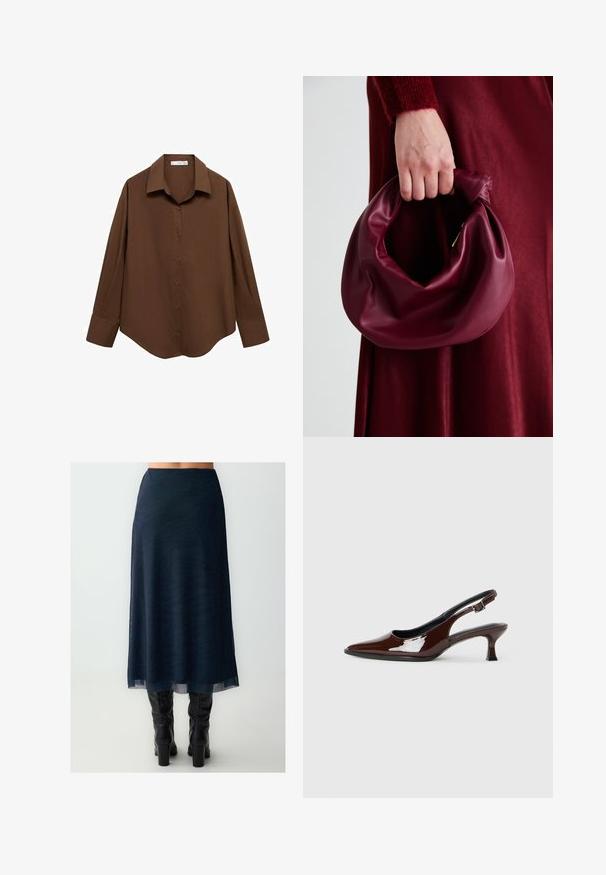 Mango - Bluzka; Ciemnoniebieska spódnica z przezroczystego, teksturowanego materiału i subtelnym wzorem w zebrę, sięgająca do połowy łydki, w połączeniu z wysokimi czarnymi botkami.; Brązowe lakierowane skórzane buty na obcasie typu slingback z ostrym noskiem i umiarkowanym obcasem. Posiadają pasek z klamrą dla zapewnienia stabilnego dopasowania. Gładka tekstura.; Bordowa skórzana torebka o miękkim, marszczonym wyglądzie i zaokrąglonym kształcie. Uchwyt jest zabezpieczony, co podkreśla gładką fakturę.