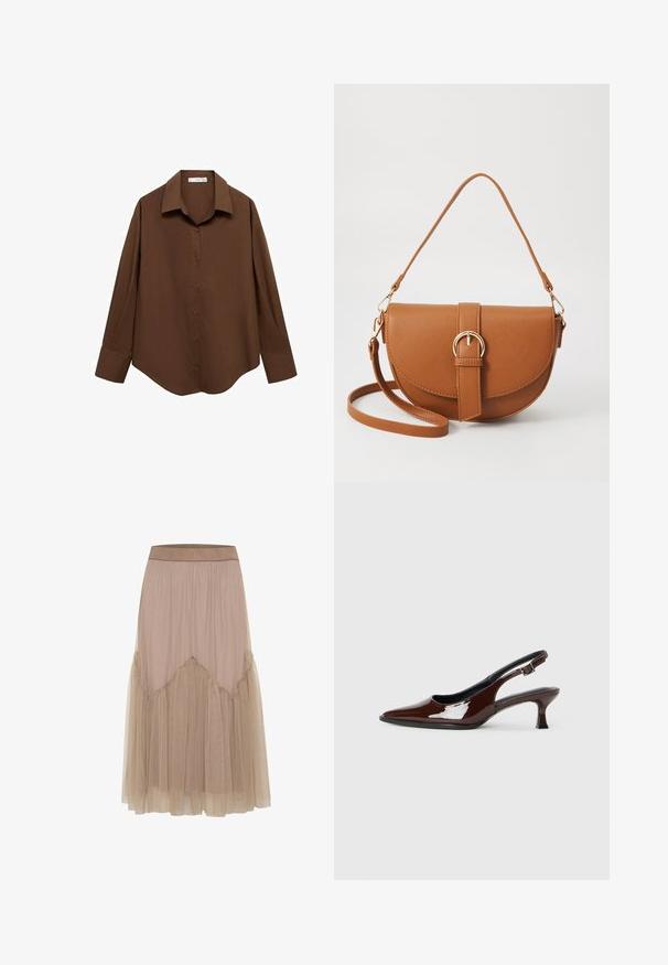 Mango Cămașă - brown; Fustă lungă bej dintr-un material moale și ușor. Overlay de tul cu margini volăduite, creând o textură stratificată și o siluetă în formă de A.; Pantofii slingback din piele patent maro, cu vârful ascuțit și un toc moderat. Prezintă o curea cu prindere pentru o potrivire sigură. Textură netedă.; Geantă din piele maro, tip crossbody, cu o formă curbată, accesorii aurii și un accent cu cataramă. Dispune de un curea de umăr detașabilă.