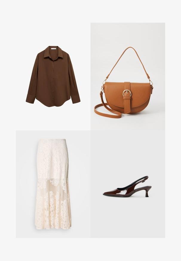 Mango Bluza z gumbi - brown; Cvečni čipkast midi krilo v kremni barvi; vključuje plasten dizajn s prosojnimi sekcijami, teksturiranim čipkastim materialom in razširjenim robom.; Rjavi lakirani slingback čevelj z ostro konico in zmerno peto. Ima zaponko za varno prileganje. Gladka tekstura.; Rjava usnjena torbica prek telesa s ukrivljeno obliko, zlate opreme in sponko. Ima odstranljiv naramni trak.