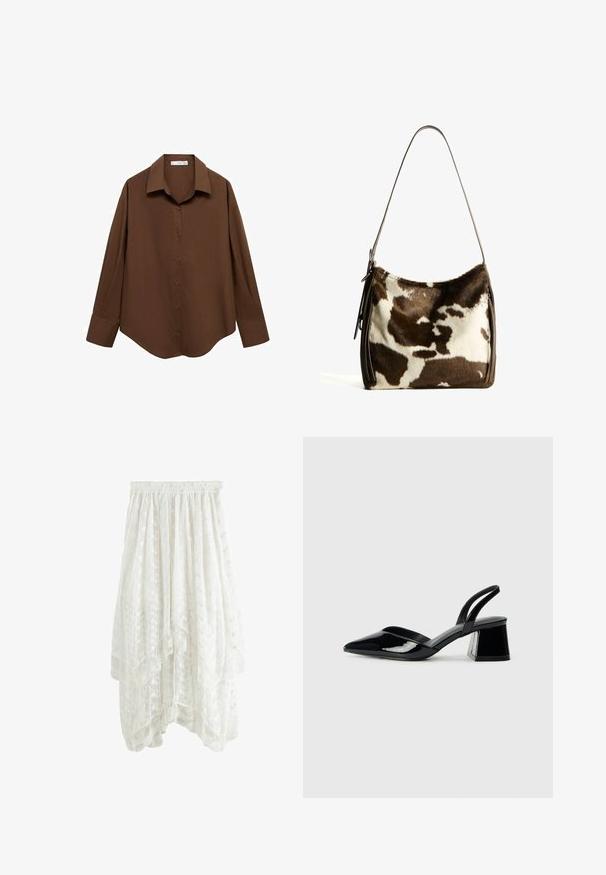 Mango Skjortebluser - brown; Hvid blonde nederdel med lagdelt design, elastisk talje, blomsterprint og bølget kant. Letvægts, semi-gennemsigtigt materiale.; Sorte patentlæder slingback hæle med spids tå og en geometrisk blok hæl. Har et elegant, minimalistisk design og en glat tekstur.; Brun og creme farvet koe læder skuldertaske med en glat læderrem, lynlås lukning og en blød, tekstureret overflade med et naturligt mønster.