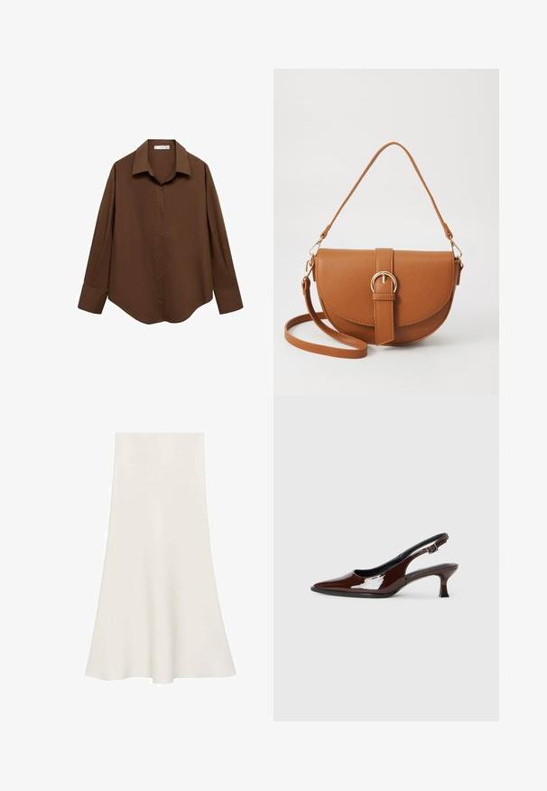 Mango Skjortebluser - brown; Hvid udvidet nederdel lavet af glat stof, med en bred talje og en A-formet silhuet, der har en knælang længde.; Brun patenteret læder slingback sko med spids tå og en moderat hæl. Har en spænde rem for en sikker pasform. Glat tekstur.; Brun læder crossbody taske med en buet form, guldfarvet hardware og en spændeaccent. Har en aftagelig skulderrem.