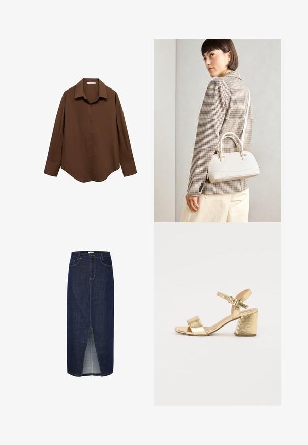 Mango Paitapusero - brown; Tummansininen farkkuhame, jossa on etuläppi, keltainen ompelus ja klassinen viisi-taskuinen muotoilu. Vetoketjusulku takana.; Kultaiset metalliset korkokenkä sandaalit, joissa on paksu korko, avokärki ja nilkkanauha. Sileä rakenne ja minimalistinen muotoilu.; Valkoinen rakenteellinen käsilaukku, jossa on lyhyet kahvat ja olkahihna, varustettu kultaisilla metalliosilla ja tekstuurilla, esillä harmaata taustaa vasten.