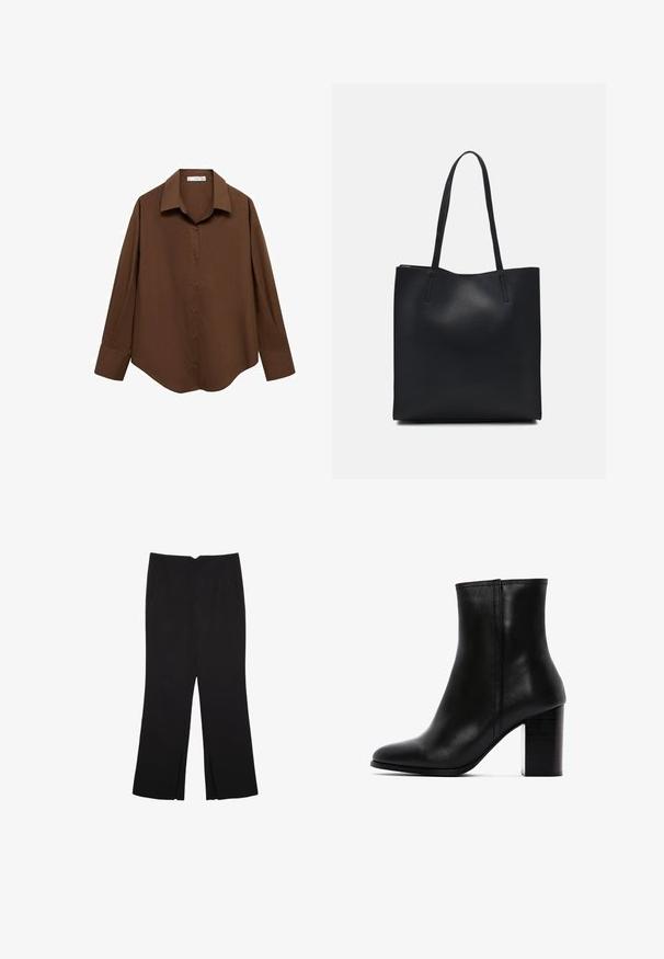 Mango Chemisier - brown; Pantalon noir avec une coupe droite, doté de poches avant et d'éclairs sur l'ourlet. Fabriqué en tissu doux et lisse. Convient à diverses occasions.; Bottine en cuir noir avec un bout pointu et un large talon carré. Présente une texture lisse et des détails de couture minimaux.; Sac fourre-tout en cuir noir avec une texture lisse, de forme rectangulaire et deux longues poignées. Pas de matériel ou d'ornementations visibles.