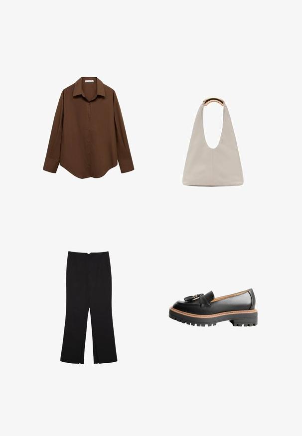 Mango Blúzka so zapínaním na gombíky - brown; Čierne nohavice so strihom rovného strihu, s prednými vreckami a bočnými rozparkami na leme. Vyrobené z mäkkej, hladkej tkaniny. Vhodné na rôzne príležitosti.; Čierne kožené loafery s okrúhlou špičkou, ozdobným detailom v podobe mašle a masívnou čiernou gumovou podrážkou s kontrastným hnedým šitím.; Svetlosivá kožená taška s U-tvarom a zakrivenou kovovou rukoväťou. Hladký povrch s minimálnym prešívaním a bez viditeľných vzorov.