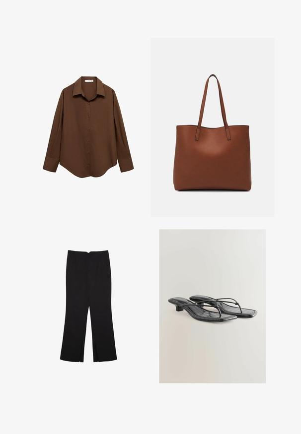 Mango Button-down blouse - brown; Black trousers with a straight fit, featuring front pockets and side slits at the hem. Made of soft, smooth fabric. Suitable for various occasions.; Black faux leather slingback sandals with a crocodile texture, square toe, and low heel. Features thin straps connecting the sole.; Brown leather tote bag with a smooth texture, open top design, and two shoulder straps. Features minimal stitching and no visible hardware.