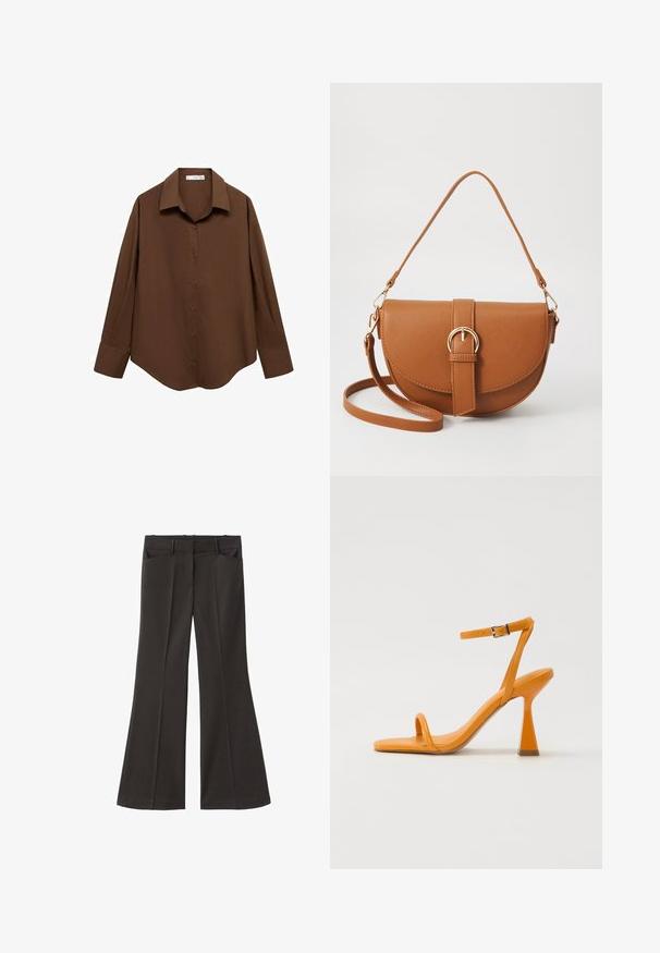 Mango Paitapusero - brown; Mustat vyötäröltä korkealla loistavat housut; niissä on kaksi etutaskua ja sileä kangaspinta. Sopii eri tilaisuuksiin.; Oranssi nahkainen korkokenkä sandaalit neliömaisella kärjellä, ohuella nilkkahihnalla ja lohkarekorolla. Sileä pinta ja tyylikäs, minimalistinen muotoilu.; Ruskean nahkainen olkalaukku, jossa on kaareva muoto, kultaiset yksityiskohdat ja solkiyksityiskohta. Varustettu irrotettavalla olkahihnalla.