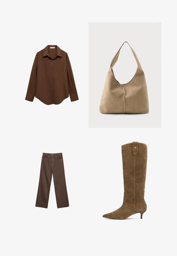 Mango Paitapusero - brown; Leviittävät ruskeat farkut, jotka on valmistettu denimistä, korkea vyötärö, etutaskut ja klassinen nappikiinnitys. Silkkinen pinta hienovaraisella ompelutyöllä.; Vihreä oliivi mokkasaapas, joka ulottuu polveen, teräväkärkinen ja 5 cm korkea korko, jossa on ommeltu muotoilu ja takana kullanvärinen vetoketju.; Hobo-laukku pehmeästä beige-suedesta, jossa on löysä muoto, leveä olkahihna ja käsinommeltu sauma edessä.